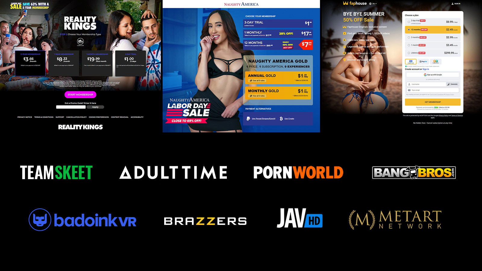 Collage of logos and screenshots from top paid porn networks